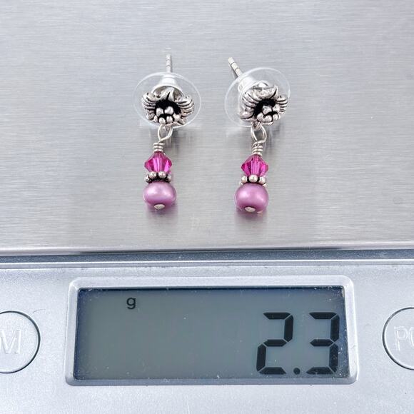 Estate Sterling Silver 925 Purple Pearl Pink Crystal Floral Dangle Earrings - Picture 6 of 6